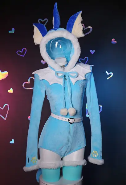 PM Dérivé Duveteux Justaucorps Barboteuse Sexy Lingerie Bleu Sweat À Capuche Justaucorps avec Queue Ceinture et Bas