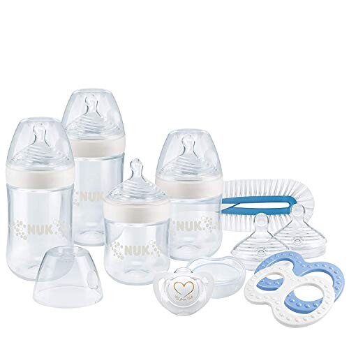 NUK Kit Biberons Nature Sense (150ml x2 et 260ml x2) avec Sucette Genius, Goupillon, Tétines et anneau de dentition, Bleu
