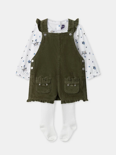 Ensemble salopette kaki en velours + body imprimé chien + collant Bébé Fille