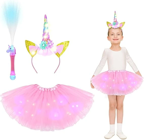 ACWOO ​Robe tutu de princesse licorne pour fille, Lot de 4 Serre-tête coloré avec ailes, tutu, jupe arc-en-ciel, Fée Baguette, Pour fête d'anniversaire, Halloween, carnaval, licorne