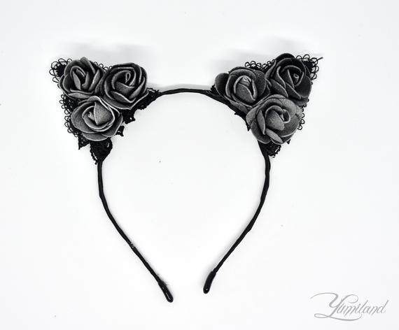 🐈💝🎀💋Huge cute black lace cat ears - realistic kitten mom clips play cosplay
