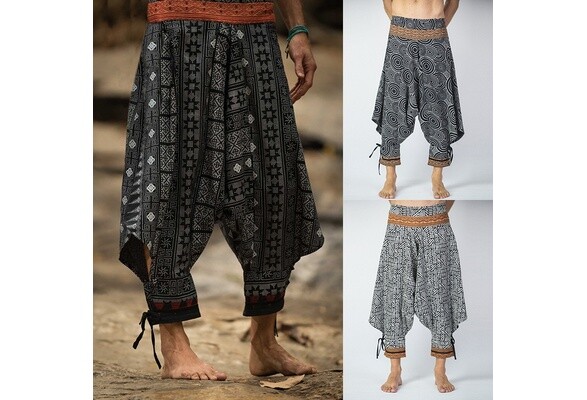 Traditionnelle Thai Hill Tribe Tribe Tissu Pantalon Hommes Harem Tissu Pantalon Harem avec sangles de cheville Style médiéval Hommes Vintage Vintage Pantalon ample amples Cosplay Costume
