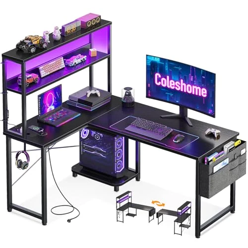 Coleshome Bureau Gaming Angle avec LED et Prises, 110 × 80 cm Bureau Gaming Réversible avec Étagères, Table en L avec Sac de Rangement et Crochet pour Le Travail à Domicile et Gaming, Noir
