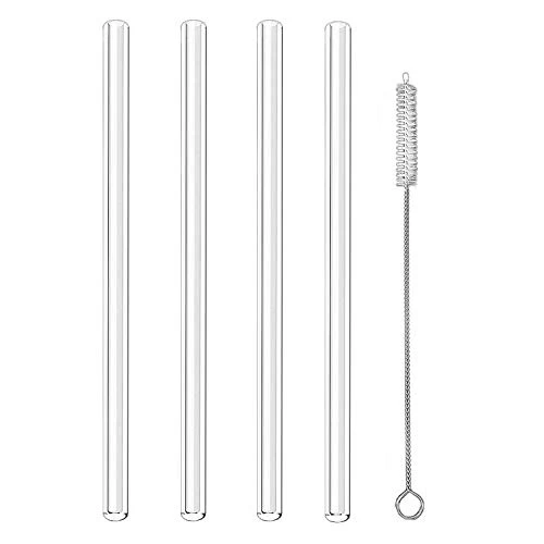 ALINK | Clear Straight Glass Drinking Straws, 9" x 10 mm Reusable Smoothie Straws, Set of 4 with Cleaning Brush