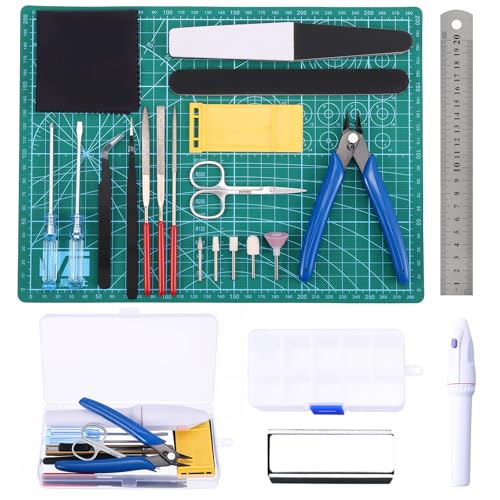 HSEAMALL 64 Pièces Kit Outils Modélisme – Gundam, Maquettes Auto, Figurines – Tapis, Pinces, Limes – Hobby