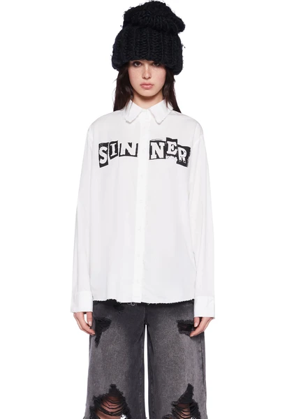 Current Mood Saint Long Sleeve Distressed Shirt Punk - White