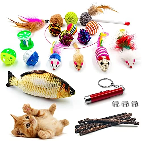 GaiusiKaisa Jouets Chat, 23 Pièces Jouets Chat lot, Interactif Jouets pour Chat Intérieur Jouets pour Chatons, Baguette pour Chat, Cataire Jouets Poisson, d'herbe à Chat Naturel Matatabi