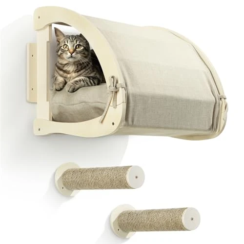 Navaris Lit Mural pour Chats avec marches - Lit Mural pour Chats avec Coussins Amovibles - Cachette Murale pour Chats en Lin - Meuble Mural pour Chats