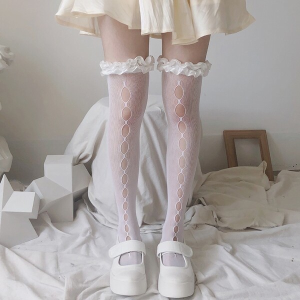 Lolita – bas en dentelle ajourée pour femme, bas transparents, fins et longs aux genoux