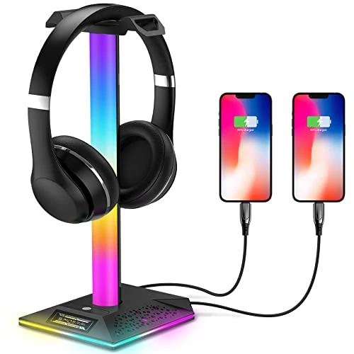 Support Casque Gamer RGB, Support pour Casque avec 10 RVB LED Modes d'éclairage et Fonction de mémoire, Headset Stand avec 2 USB Charge Ports et 3.5 mm AUX pour Gamers PC Écouteurs