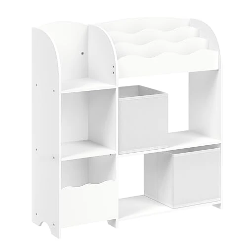 SONGMICS Étagère de Rangement pour Enfants, Bibliothèque, pour Livres et Jouets, Organisateur avec 2 Boîtes de Rangement, pour Salle de Jeux, Chambre d’Enfants, Salon, Blanc Nuage GKR042W01