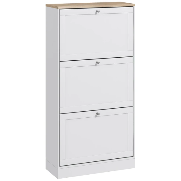Armoire à chaussures 3 portes abattantes 2 compartiments blanc aspect chêne clair