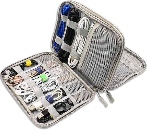 Teskyer Sac de Rangement Câble, Sac de Rangement d’Accessoires Électroniques, Étanche, Antichoc Anti, Accessoires de Voyage, 2 Couche, Gris