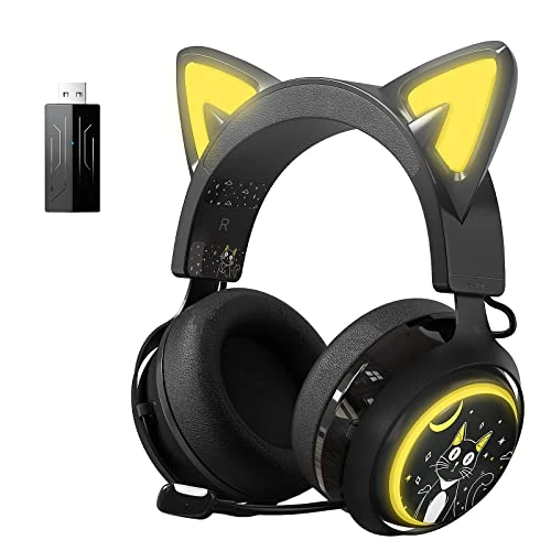 Somic Casque de Jeu sans Fil, Casque Bluetooth pour Smartphone, Micro rétractable, Son Surround 7.1, Pilotes 50 mm, éclairage RVB, Joli Casque d'oreille de Chat pour Filles Noir
