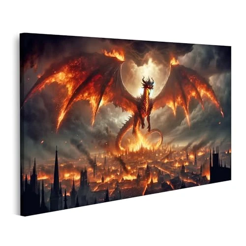 islandburner Tableau mural avec motif dragon sur la ville - Fantastique - Motif dragon de feu - Impression sur toile