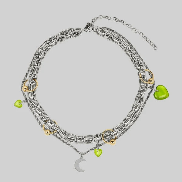 HALF HEARTED. Pierced Chunky Chain & Moon Charm Necklace - Silver