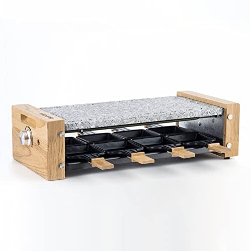 H.Koenig Appareil à raclette Multifonction 8 personnes WOD8 Design en bois naturel, Pierre granit amovible, Raclette fromage fondue professionnel, 8 poêlons antiadhésifs, 8 spatules en bois