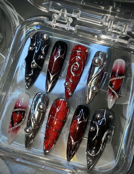 Red nail | red y2k nail | heart nail , black nail | chorme silver nail | stiletto shape