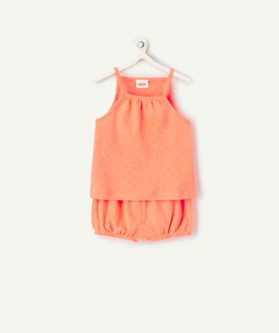 Ensemble manches courtes bébé fille en maille orange fluo