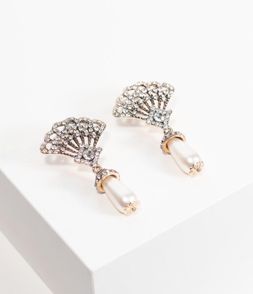 Silver Rhinestone Fan & Ivory Pearl Drop Earrings