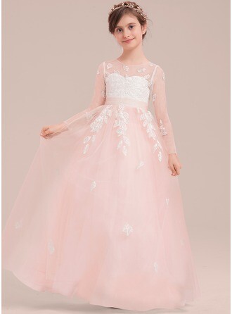 Pour Sharone Robe Marquise/Princesse Longueur ras du sol Robes à Fleurs pour Filles - Tulle/Dentelle Manches longues Col rond avec À ruban(s) (010143270)
