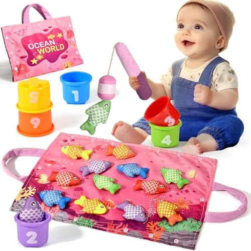 Yitical Jouet Bebe 1 an Fille, Montessori Pêche a la Ligne Jeux pour Enfant 6 9 12 18 Mois, Educatif Jeu Bébé, Cadeau pour Fille Garcon 1-3 Ans-Rose
