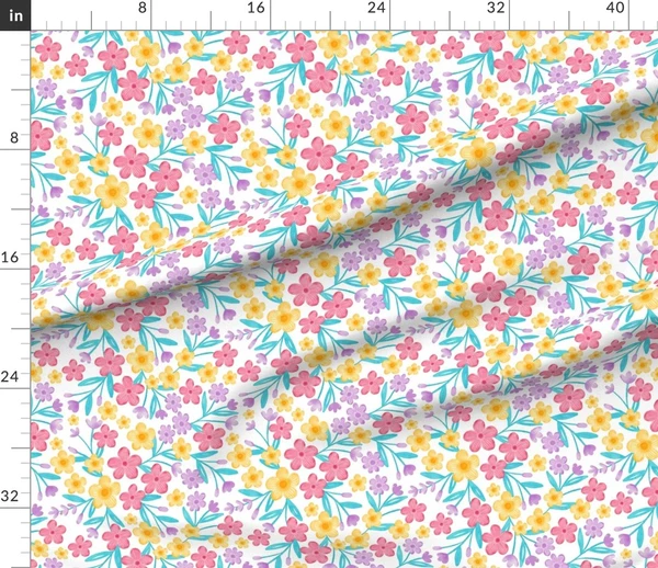 Fabric in Summer Meadow Vibrant Watercolor Floral Pattern On White