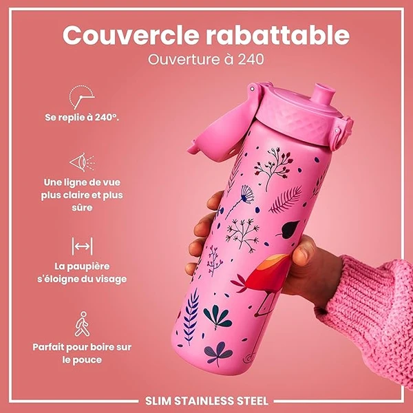 Ion8 Gourde, Anti-Fuite, Facile à Ouvrir, Verrouillage Sécurisé, Lavable en Lave-vaisselle, Poignée de Transport, S'adapte aux Porte-gobelets, Facile à Nettoyer, Motif Flamant