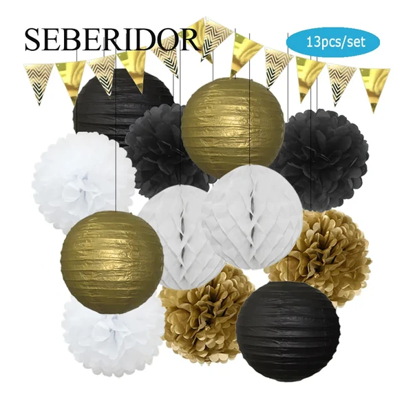 Ensemble de Lanterne Ronde en Papier, Couleur Or et Noir, Boule Pliante, Bannière en Nid d'Abeille pour Baptême de Bébé, Remise de Diplôme, Décor de Mariage, ixdu Nouvel An - AliExpress 15