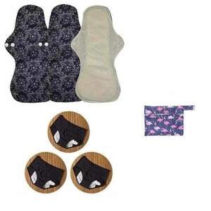 Lot de 3 serviettes hygiéniques de nuit + 3 culottes menstruelles + pochette de rangement