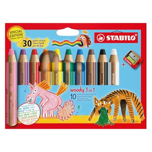 STABILO woody 3-in-1 - Crayon de couleur - Etui carton x 10 crayons de couleur aquarellables + 1 taille-crayon - Coloris assortis - Edition 30 ans de fun