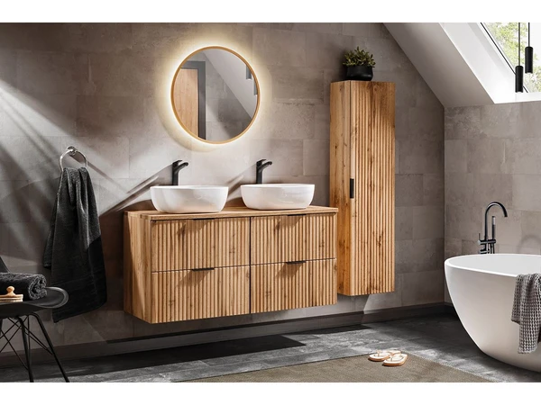 Ensemble de salle de bain 120 cm HILONA avec vasques à poser et colonne chêne| BOBOCHIC ®