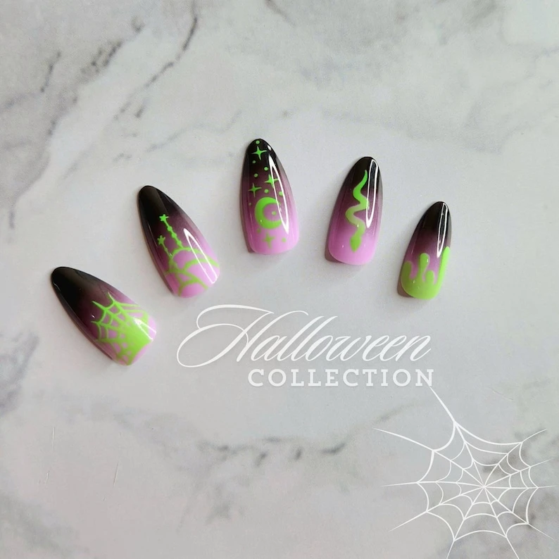 Presse-ongles d'Halloween : ensemble d'ongles amande violet rose ombré