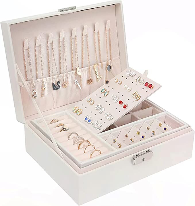 BELSVOR Boite a Bijoux pour Femme Filles, Boite à Bijoux 2 Couches, Rangement Bijoux Verrouillable avec Clef, Boite a Bijoux en Cuir Imperméable, Boite à Bijoux pour Ranger Bagues/Colliers/Montres : Amazon.fr: Mode