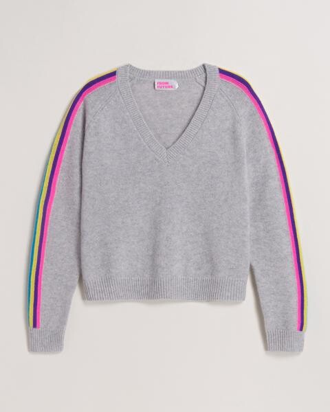 Col V Bande Multicolore Manche (H21 / FEMME / Gris Chiné Clair)