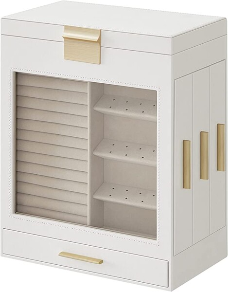 SONGMICS Boîte à Bijoux, Écrin à Accessoires 5 niveaux, Fenêtre en Verre, Tiroirs Latéraux, Rangement Vertical, Grand Miroir, Bijoux, Moderne, Blanc Nuage JBC162W01 : Amazon.fr: Mode