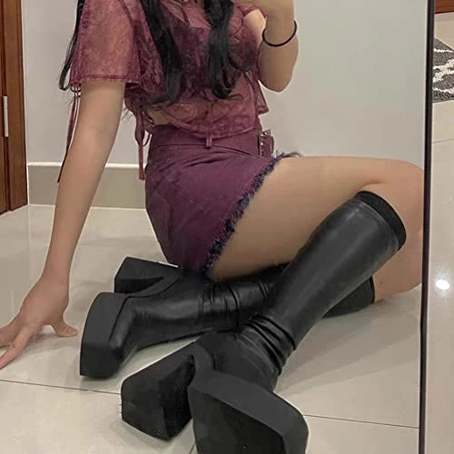 ORANDESIGNE Bottes Femme PU Cuir Bottes Gothiques Punks Boots Automne Hiver Talon Bloc Plateforme Bottes Hautes Chaussure de Fête A Noir 39 EU
