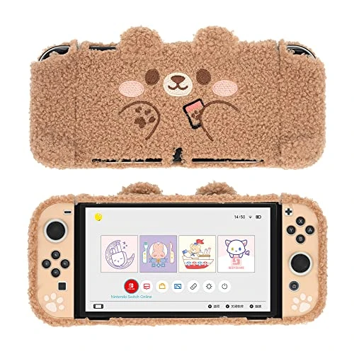 GeekShare Jolie Coque de Protection en Peluche Compatible avec la Console Nintendo Switch OLED et Joy Con - Absorption des Chocs et Anti-Rayures - Ours en Peluche