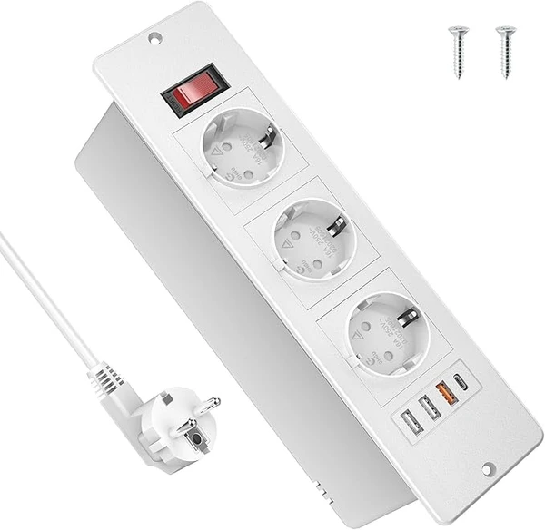 Prise escamotable avec USB C PD 20 W et interrupteur, multiprise encastrable 3 prises avec 4 USB, prise de table pour table, plan de travail, meubles, table de chevet, câble de 2 m, blanc