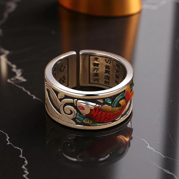 Adjustable Koi Fish Ring, Silver Koi Fish Ring, Japanese Style Ring, Asian Ring, Red Enamel Koi Fish Ring, Japanese Pond Ring, Waves Clouds