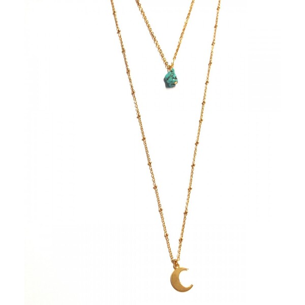 Collier double rang lune et pépite turquoise