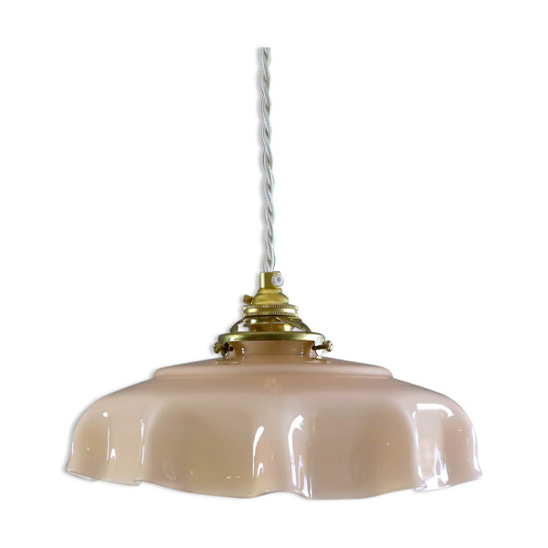 Suspension rose pale en opaline livrée avec cable et douille en laiton neuve | Selency