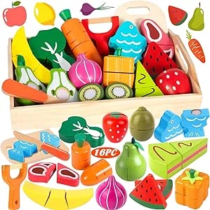 Vautvis Fruit and Vegetables Children's Games, 16 Wooden Kitchen Accessories, Wooden Toy, Children's Kitchen Accessory with Storage Basket, Gift for Boy Girl 3/6 Years Old : Amazon.com.be: Toys