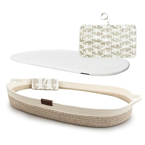 Yunioo matelas à langer, panier à langer avec coussin de voyage supplémentaire, matelas à langer en mousse et housse hydrofuge, panier en corde de coton, dessus de table à langer │Blanc-Beige
