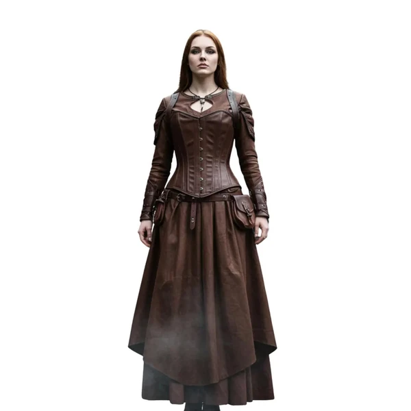 The Huntress of Thornevale - Handcrafted Medieval Dress - Women Renaissance Outfit - Brown Leather Corset and Skirt , LARP Cosplay - Viking Woman Costume