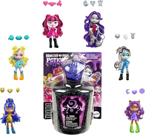 Monster High Potions Assortiment de mini-poupées et accessoires, figurines surprise de 7,5 cm dans un flacon d’exposition avec fonction Water Reveal et talismans (les personnages peuvent varier),HYB10