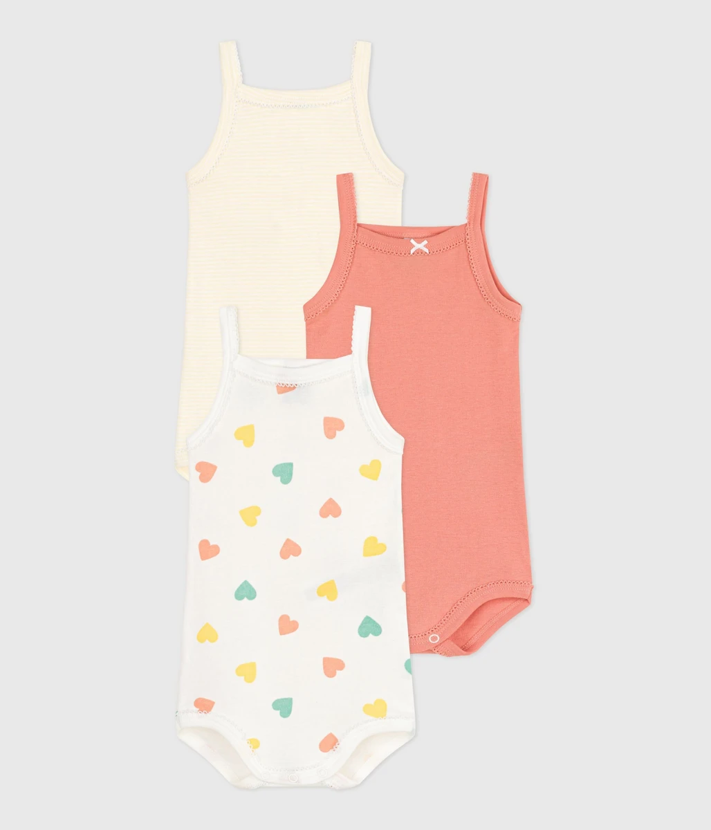 Lot de 3 bodies bretelles en coton cœurs bébé