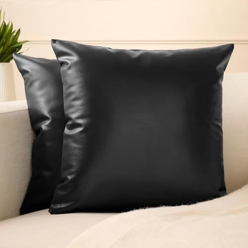 Encasa XO Housses de Coussin en Similicuir 40x40 cm Lot de 2| Taies d'oreiller décoratives Style Ferme Moderne sans Inserts pour extérieur, Salon, Chambre, canapé - Noir
