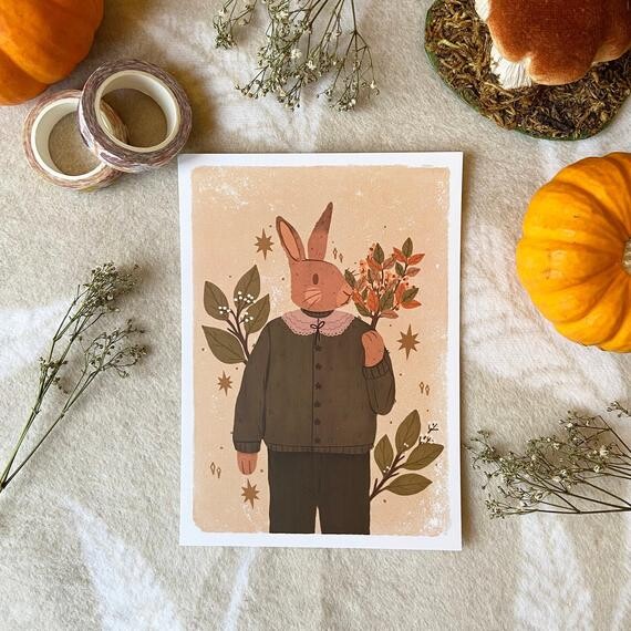 Original Art Print 5x7 Cottagecore Whimsical Bunny