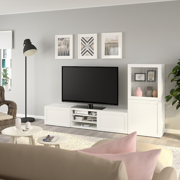BESTÅ Rangement TV/vitrines - blanc/Hanviken blanc verre transparent - IKEA